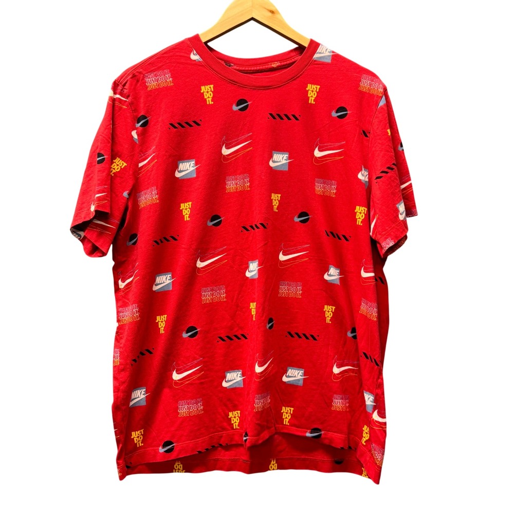 Nike T-Shirt Mens XL All Over Logo Print AOP Red Sportswear Short Sleeve Tee